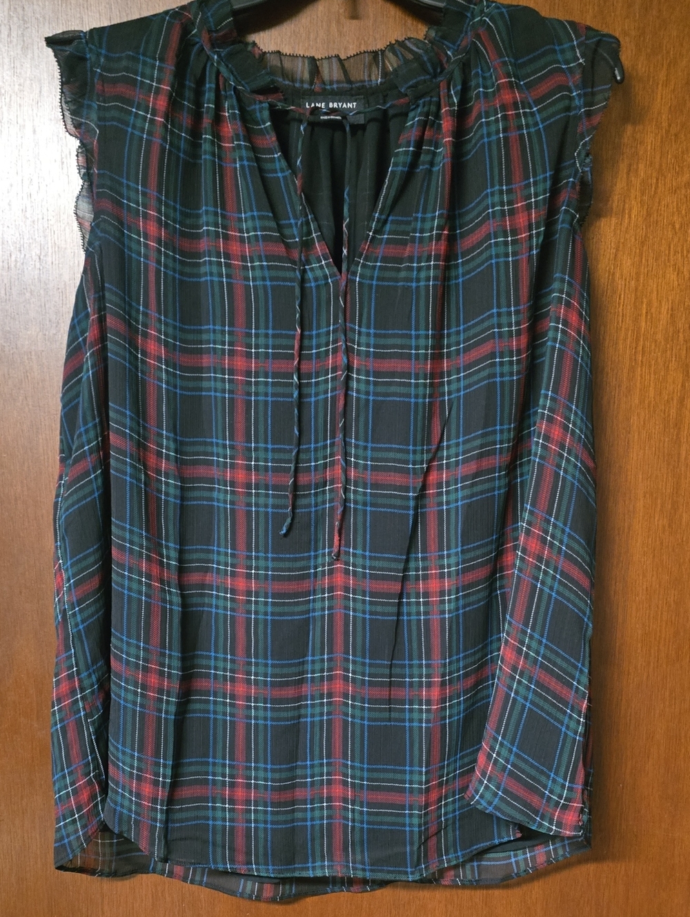 Lane Bryant Black Plaid Sleeveless Tie-Neck Blouse with Red and Blue Stripes